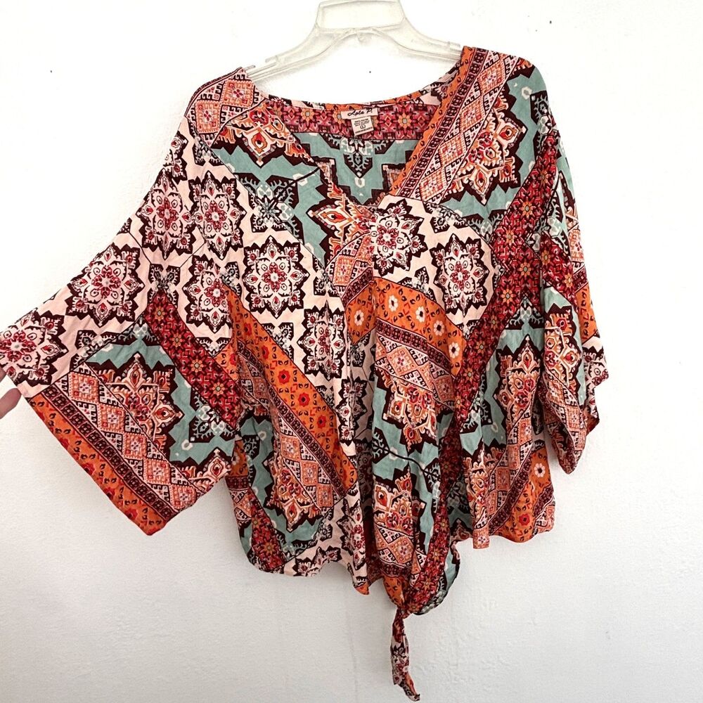 Womens Boho Patchwork Top Large Cottage Coquette Indie Earthy Granola Front Tie